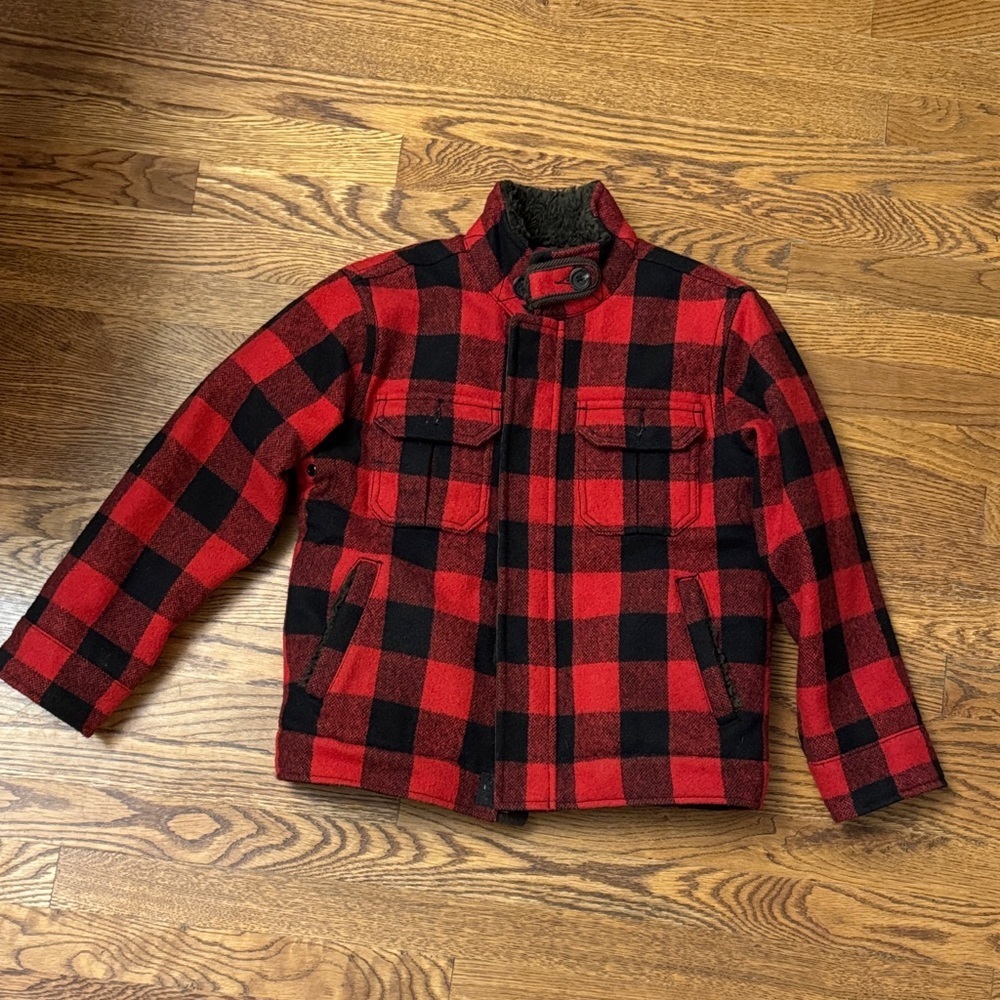 GAP Red and Black Checkered Buffalo Plaid Wool Boy’s Coat size Medium